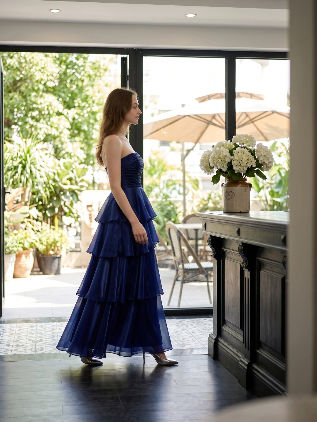 Dark Navy Satin A-Line Straight Neck Back Zip Floor-Length Cascading Ruffle Dress