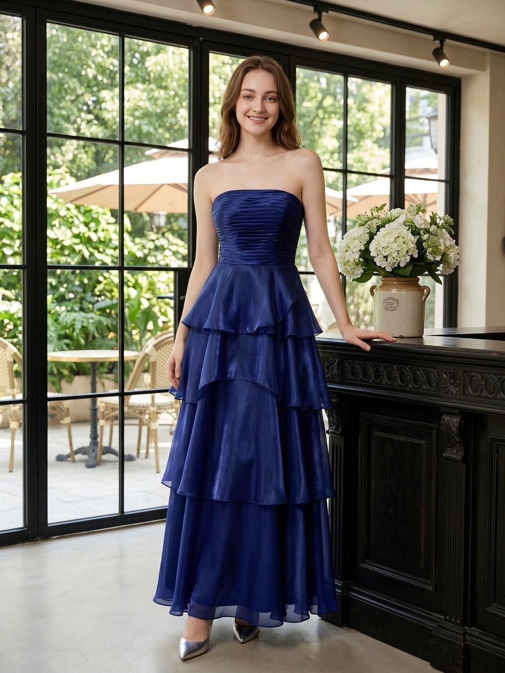 Dark Navy Satin A-Line Straight Neck Back Zip Floor-Length Cascading Ruffle Dress