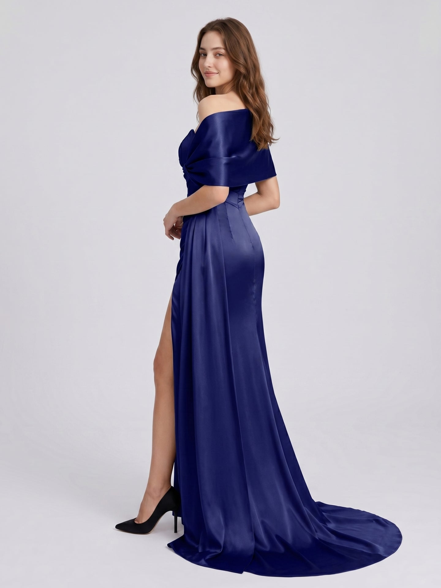 Dark Navy Satin Mermaid Off-the-Shoulder Back Zip Floor-Length Pleated Bridesmaid Dress