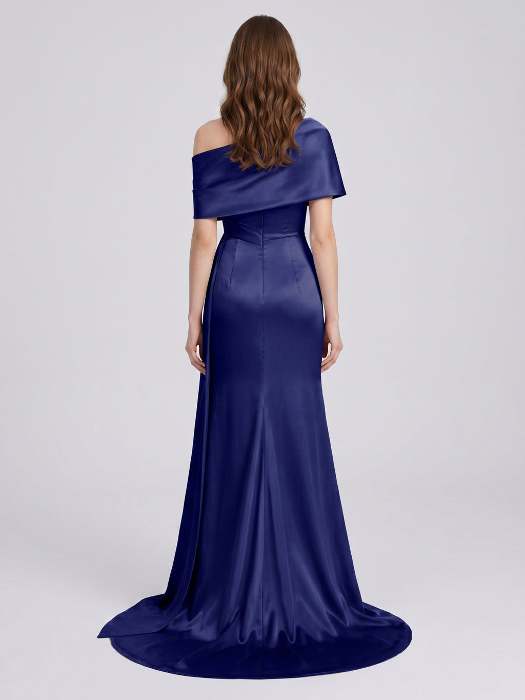 Dark Navy Satin Mermaid Off-the-Shoulder Back Zip Floor-Length Pleated Bridesmaid Dress