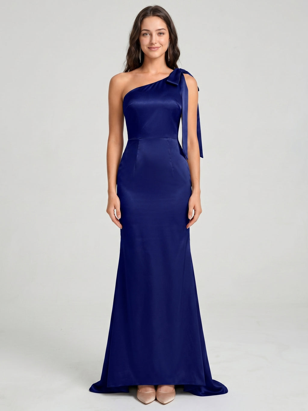 Dark Navy Satin Mermaid One Shoulder Side Zip Floor-Length Bridesmaid Dress with Bow