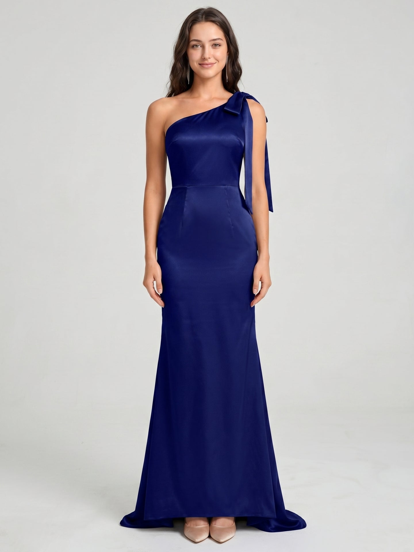 Dark Navy Satin Mermaid One Shoulder Side Zip Floor-Length Bridesmaid Dress with Bow