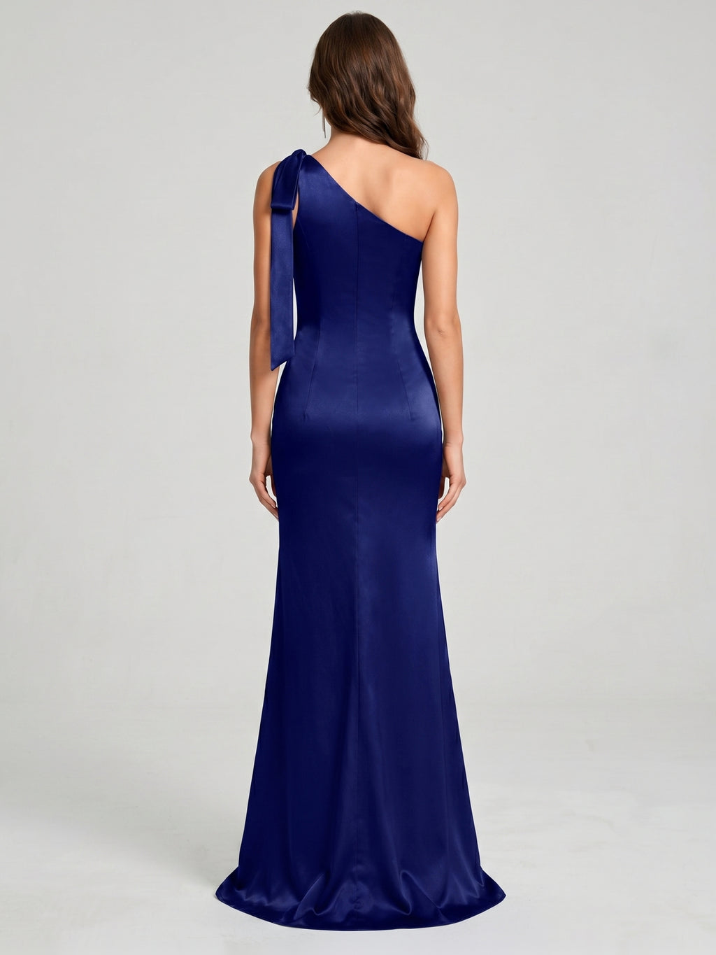 Dark Navy Satin Mermaid One Shoulder Side Zip Floor-Length Bridesmaid Dress with Bow