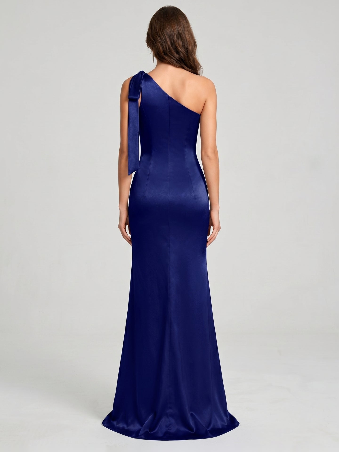 Dark Navy Satin Mermaid One Shoulder Side Zip Floor-Length Bridesmaid Dress with Bow