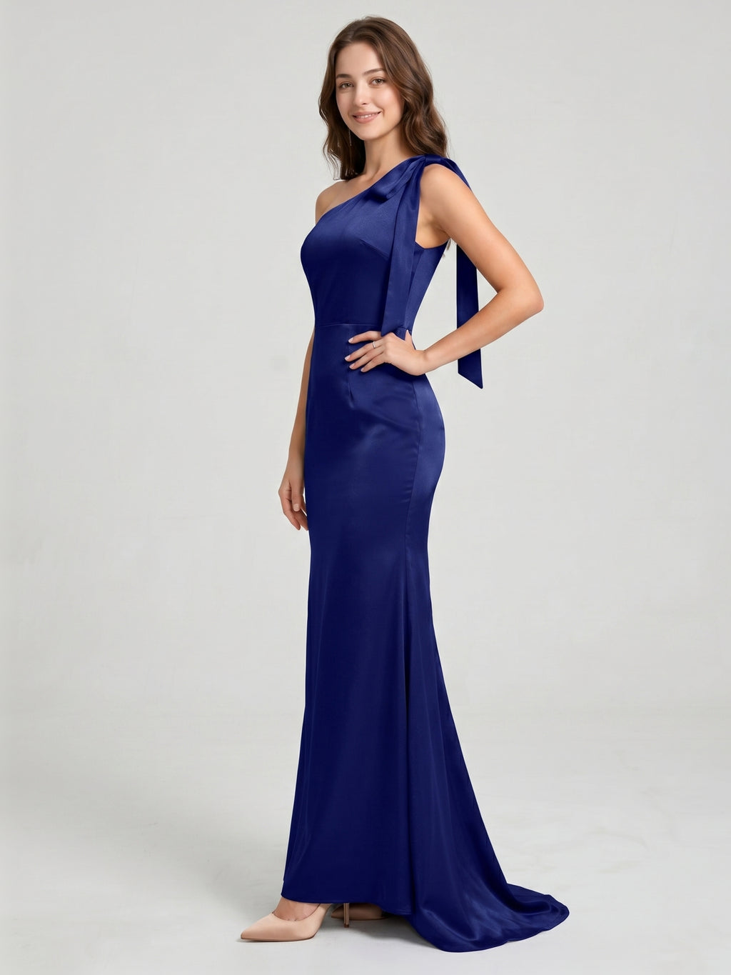 Dark Navy Satin Mermaid One Shoulder Side Zip Floor-Length Bridesmaid Dress with Bow