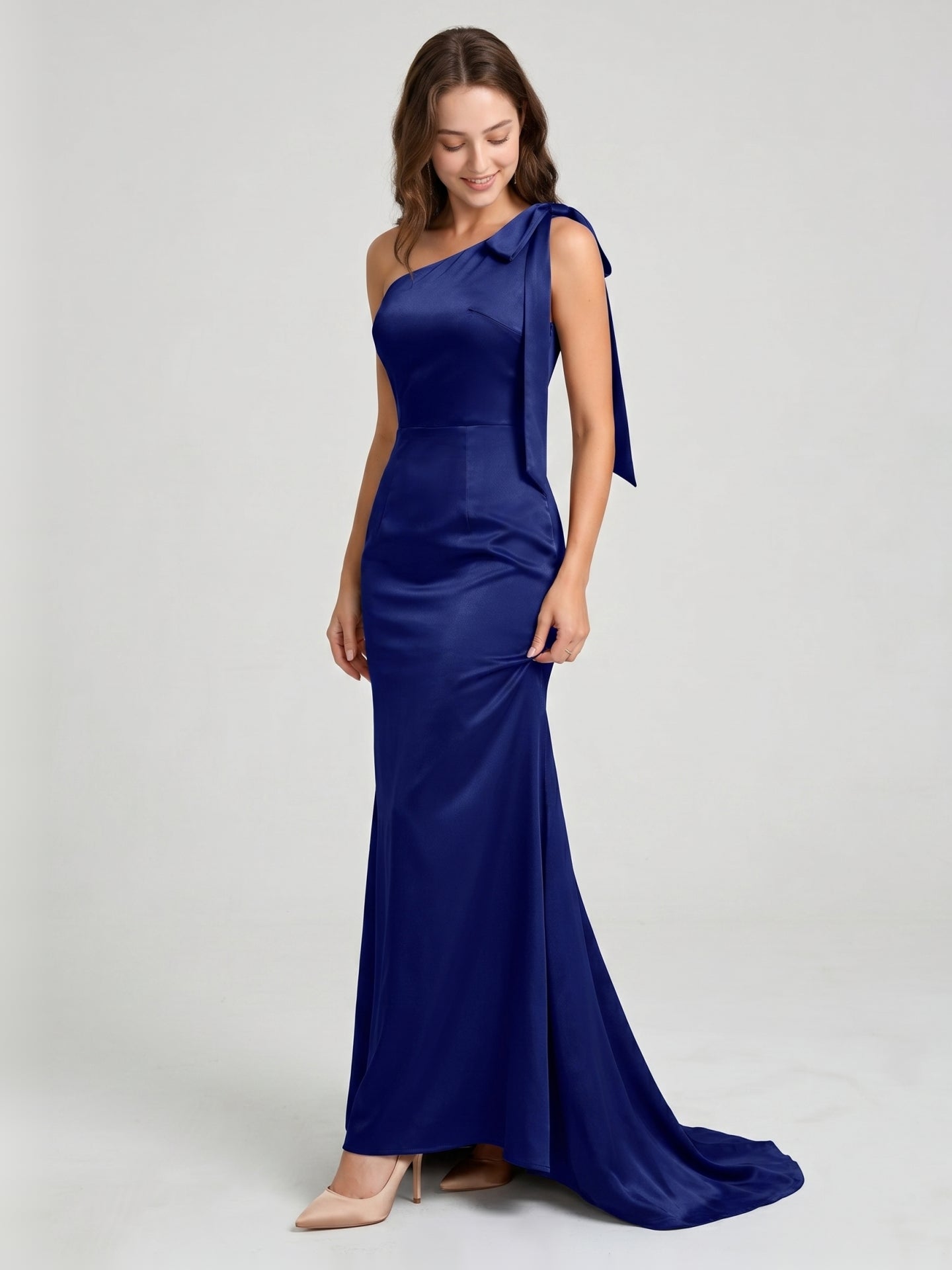 Dark Navy Satin Mermaid One Shoulder Side Zip Floor-Length Bridesmaid Dress with Bow