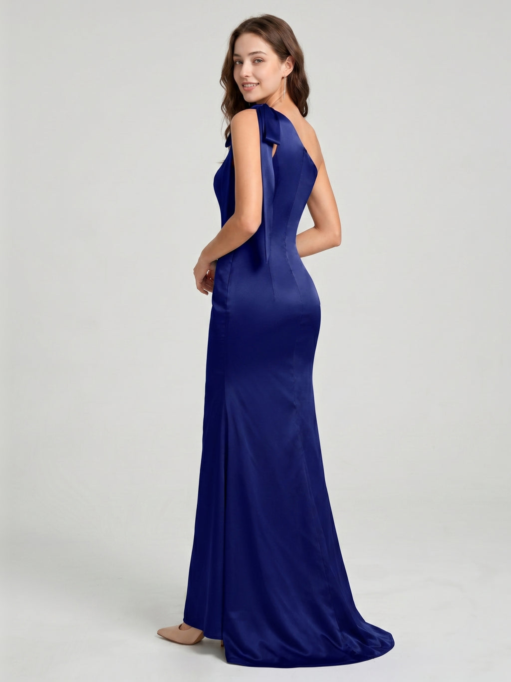 Dark Navy Satin Mermaid One Shoulder Side Zip Floor-Length Bridesmaid Dress with Bow