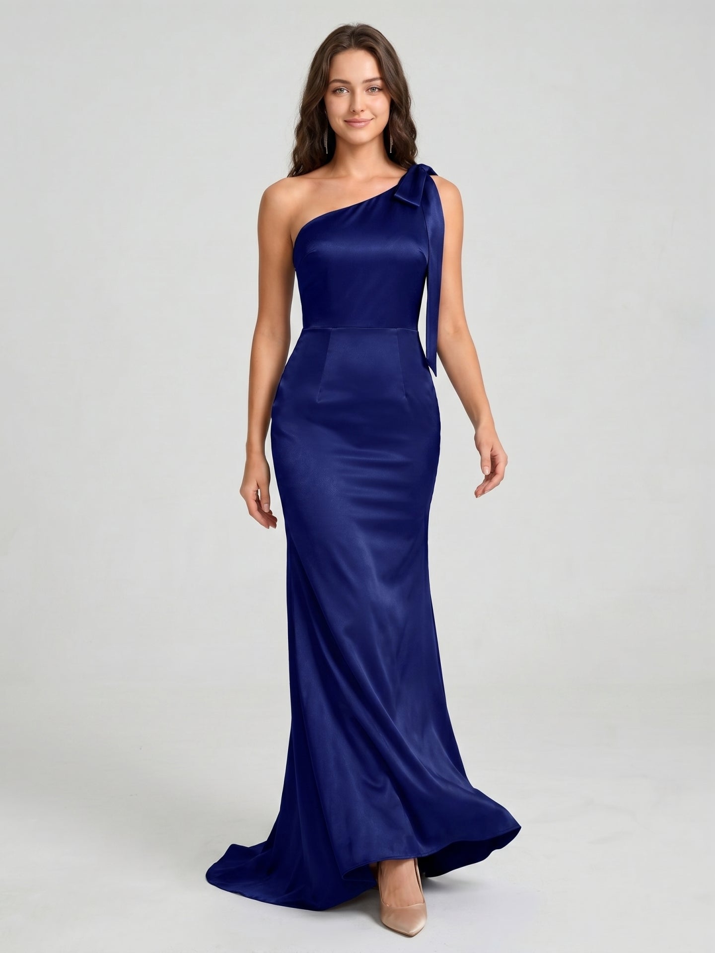 Dark Navy Satin Mermaid One Shoulder Side Zip Floor-Length Bridesmaid Dress with Bow
