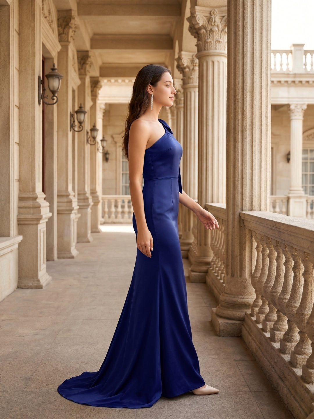 Dark Navy Satin Mermaid One Shoulder Side Zip Floor-Length Bridesmaid Dress with Bow