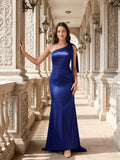 Dark Navy Satin Mermaid One Shoulder Side Zip Floor-Length Bridesmaid Dress with Bow