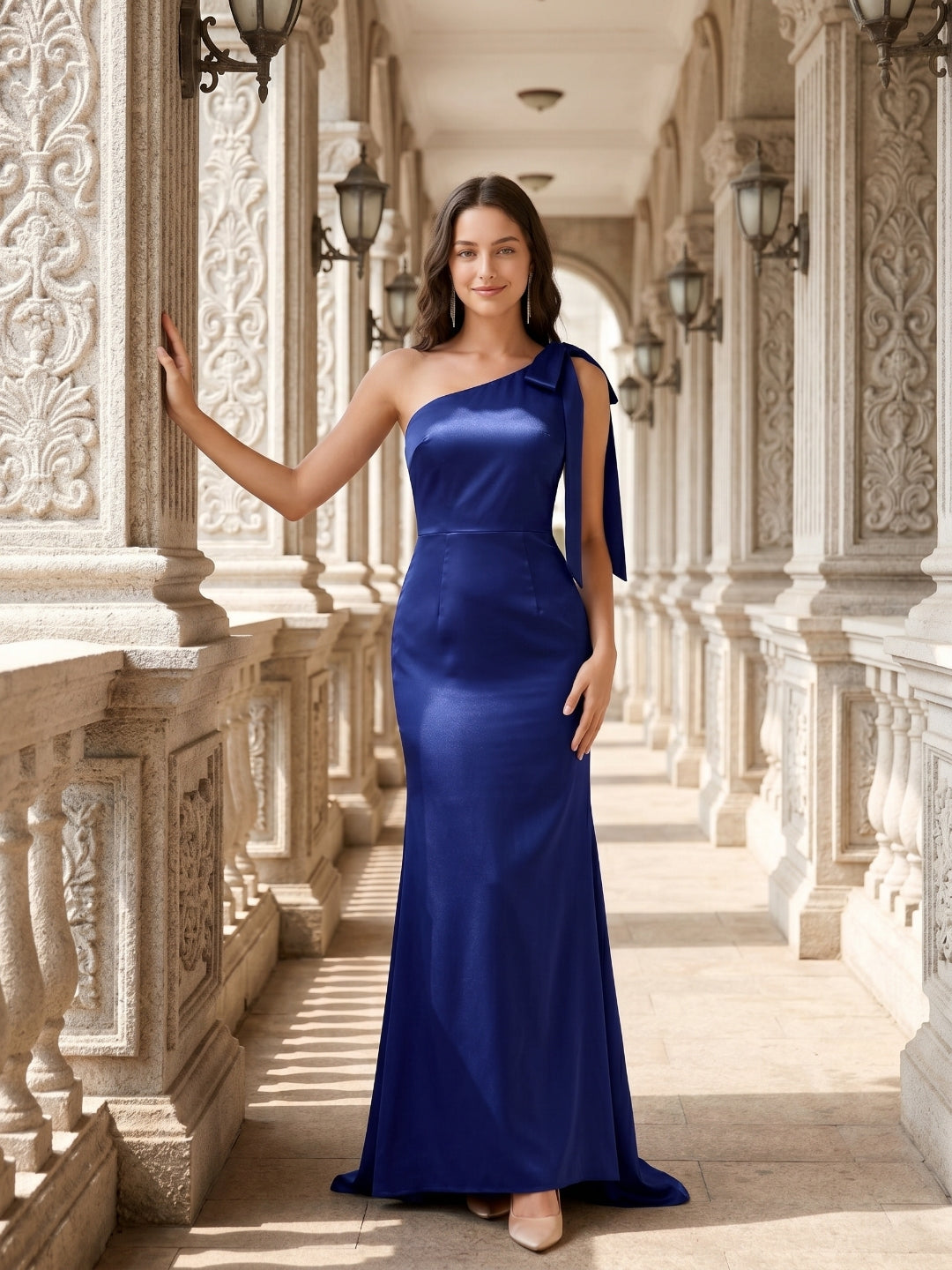 Dark Navy Satin Mermaid One Shoulder Side Zip Floor-Length Bridesmaid Dress with Bow