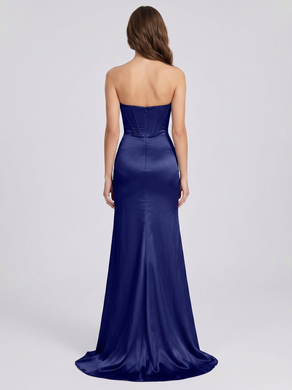 Dark Navy Satin Sheath Straight Neck Back Zip Floor-Length Pleated Bridesmaid Dress
