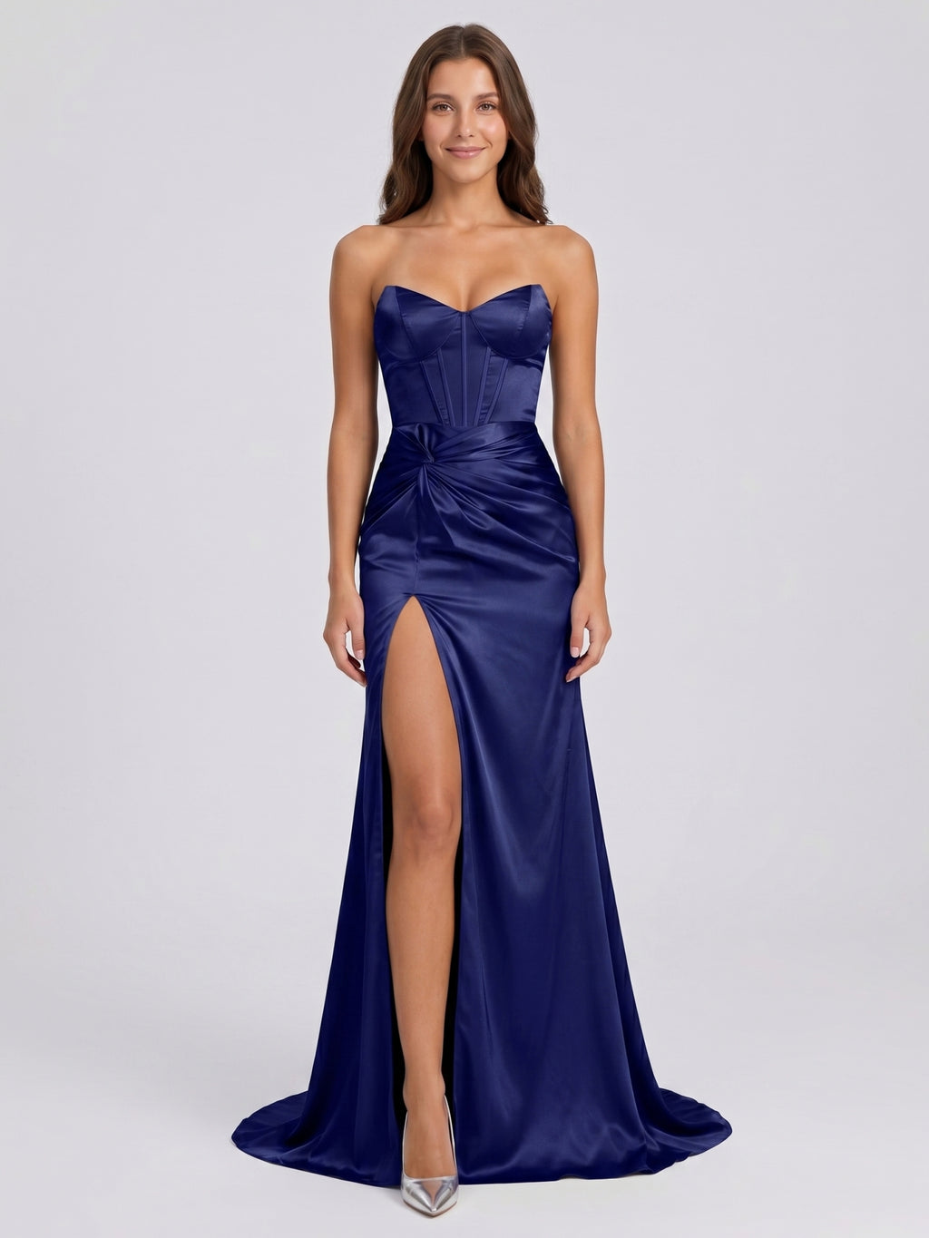 Dark Navy Satin Sheath Straight Neck Back Zip Floor-Length Pleated Bridesmaid Dress