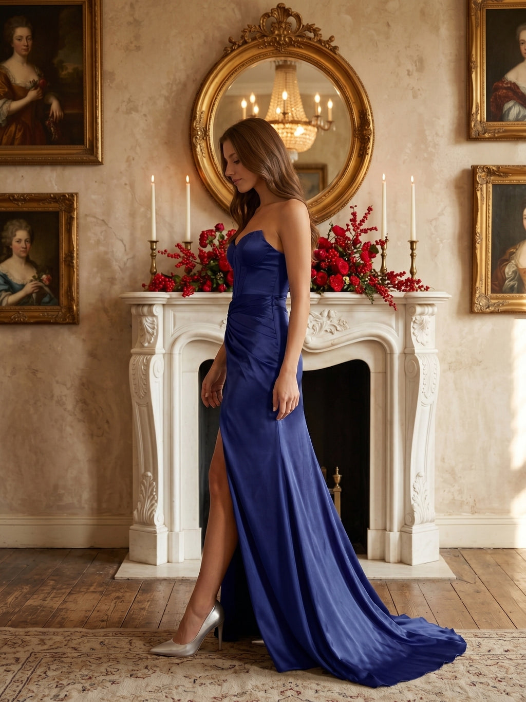 Dark Navy Satin Sheath Straight Neck Back Zip Floor-Length Pleated Bridesmaid Dress