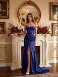 Dark Navy Satin Sheath Straight Neck Back Zip Floor-Length Pleated Bridesmaid Dress