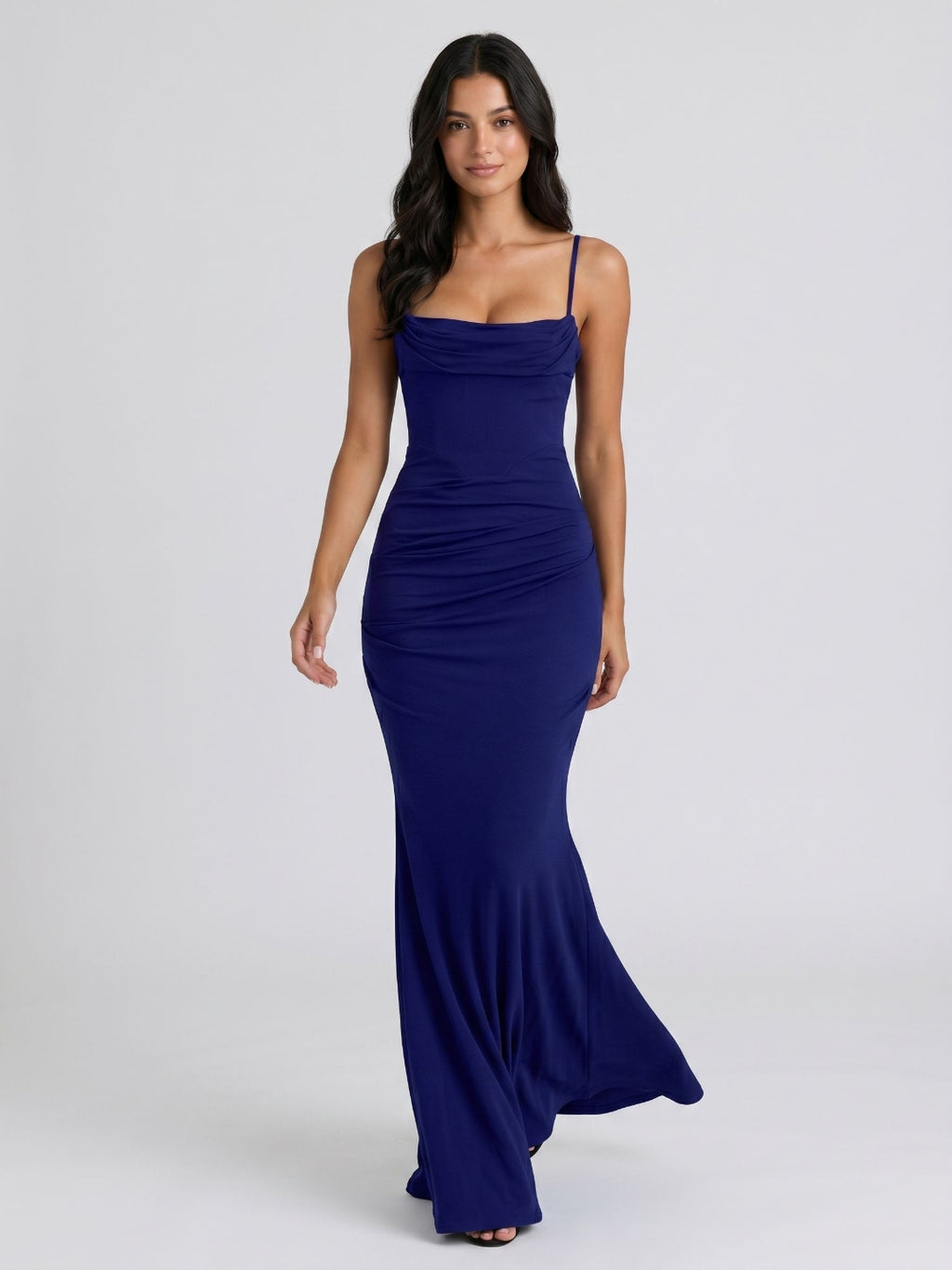 Dark Navy Stretch Knit Mermaid Straight Neck Back Zip Floor Birthday Dress