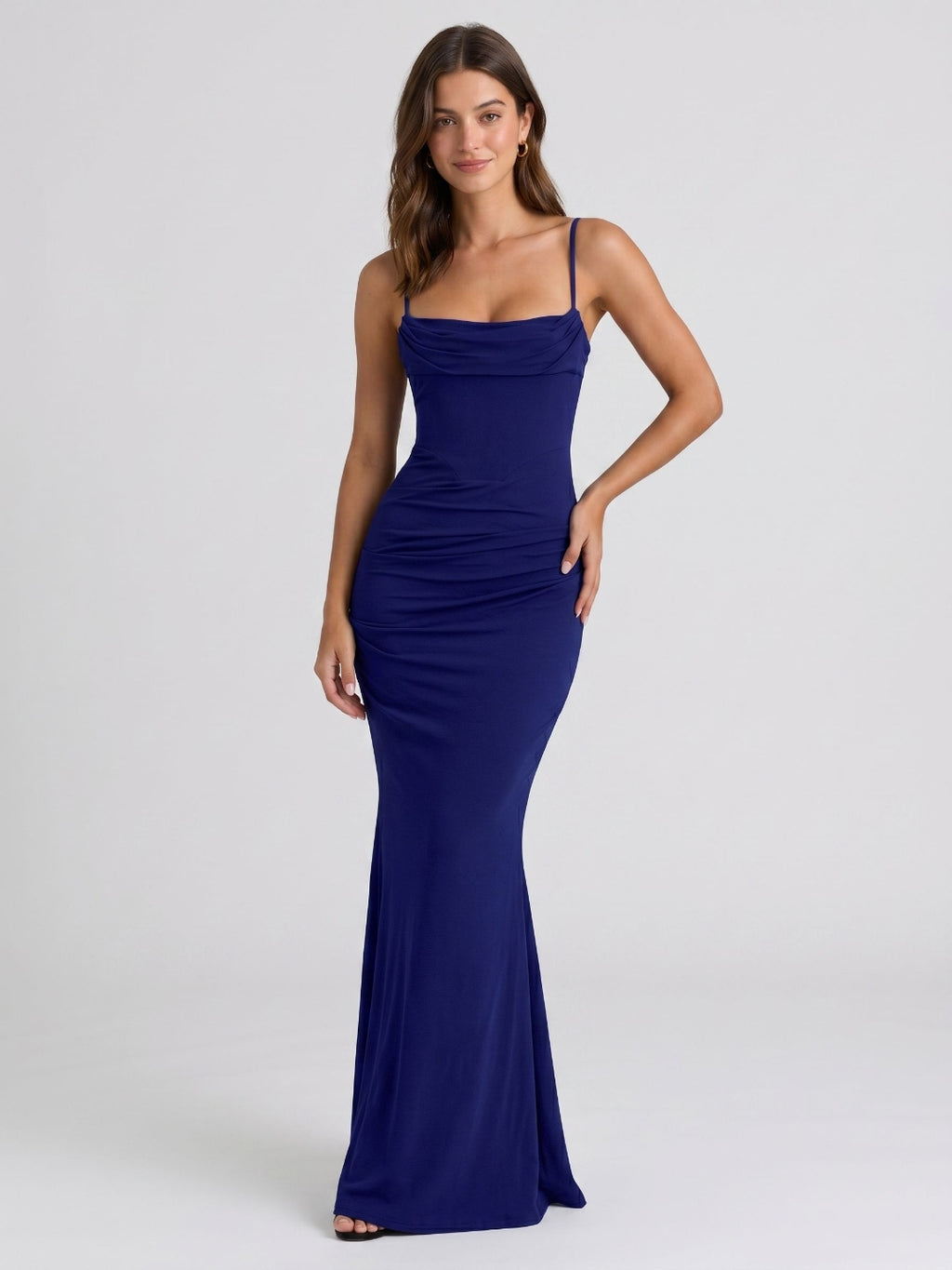 Dark Navy Stretch Knit Mermaid Straight Neck Back Zip Floor Birthday Dress