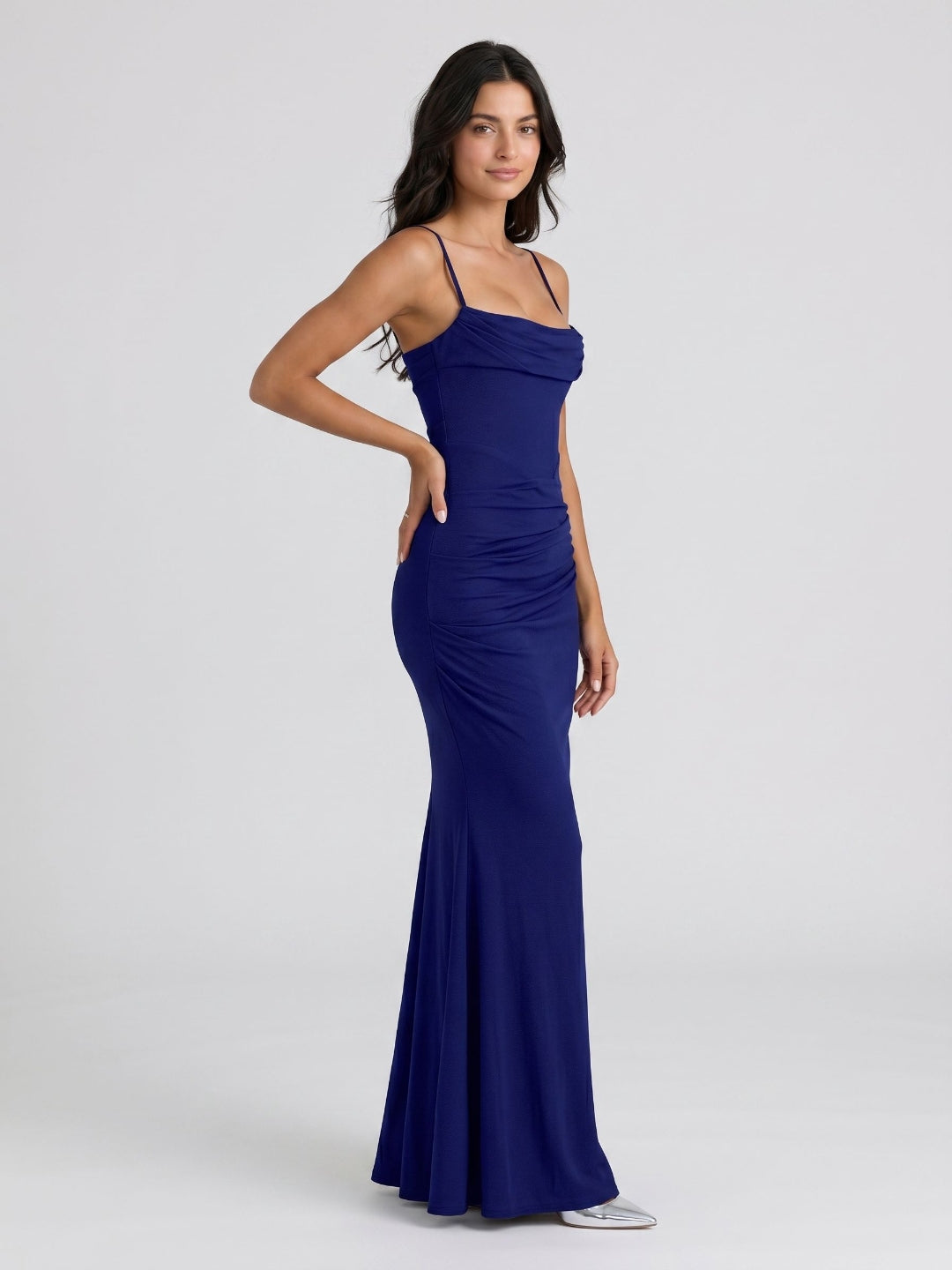 Dark Navy Stretch Knit Mermaid Straight Neck Back Zip Floor Birthday Dress