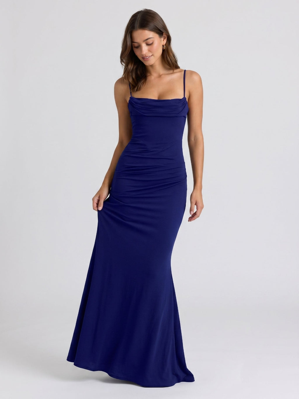 Dark Navy Stretch Knit Mermaid Straight Neck Back Zip Floor Birthday Dress