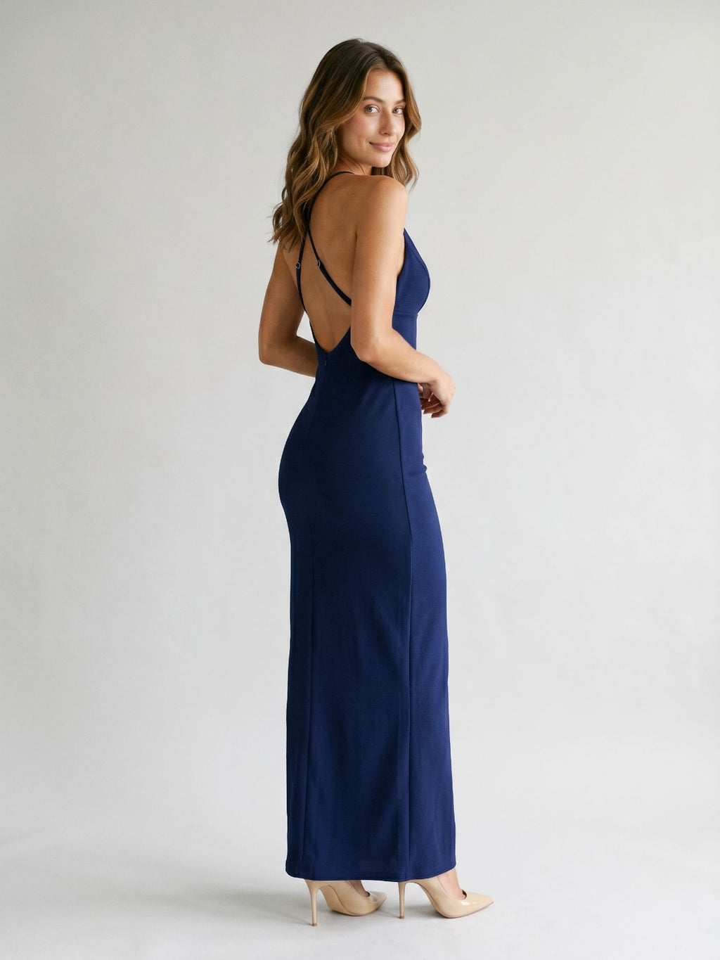 Dark Navy Stretch Knit Sheath Halter Backless Floor-Length Evening Dress