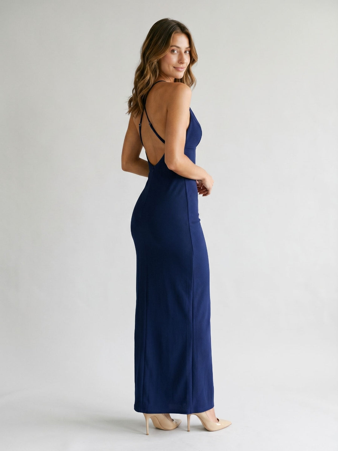 Dark Navy Stretch Knit Sheath Halter Backless Floor-Length Evening Dress