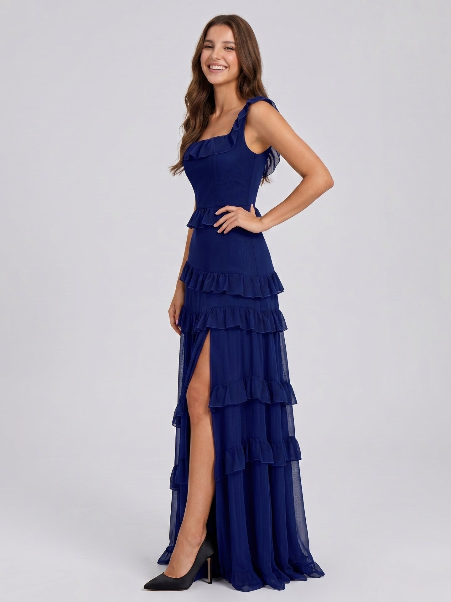 Dark Navy Tulle A-Line Square Neck Side Zip Floor-Length Cascading Ruffle Dress