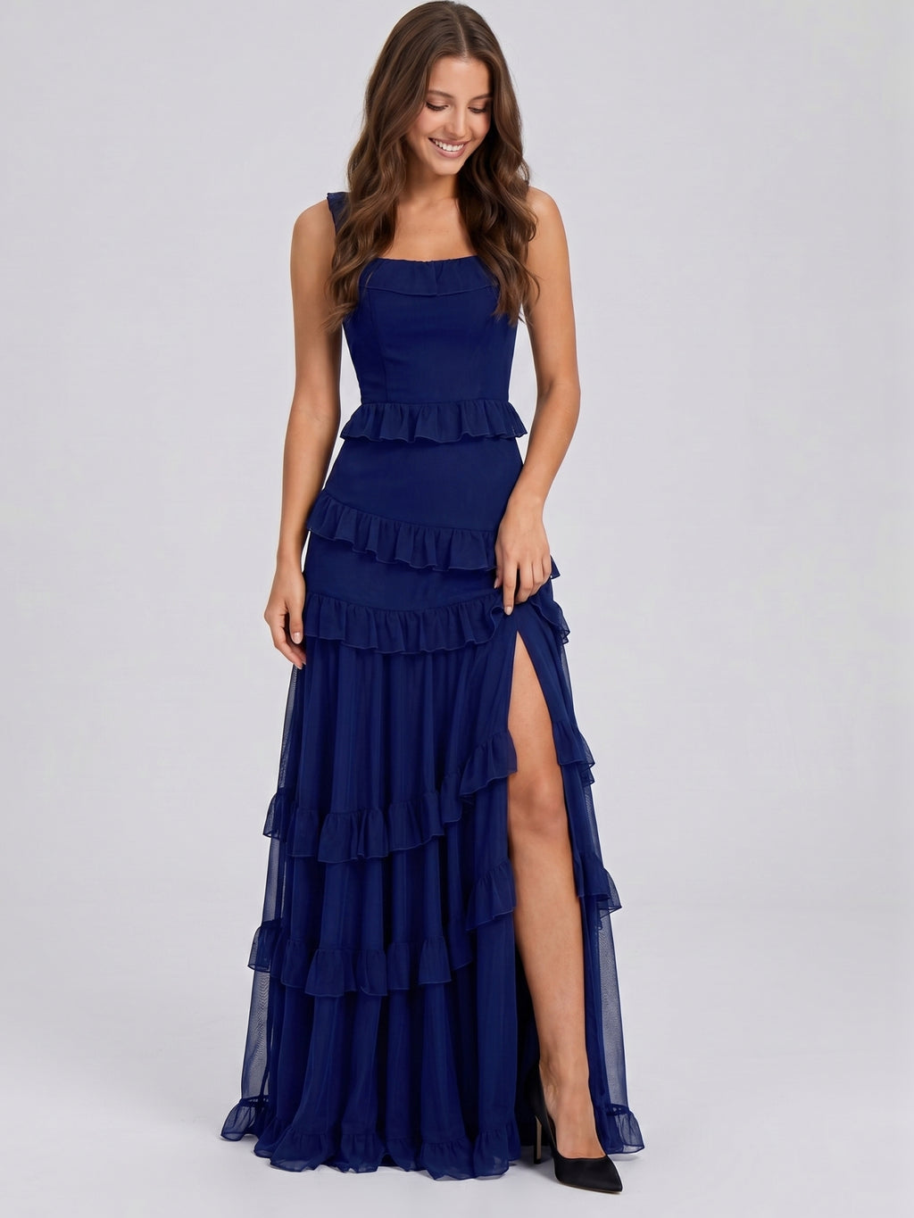 Dark Navy Tulle A-Line Square Neck Side Zip Floor-Length Cascading Ruffle Dress