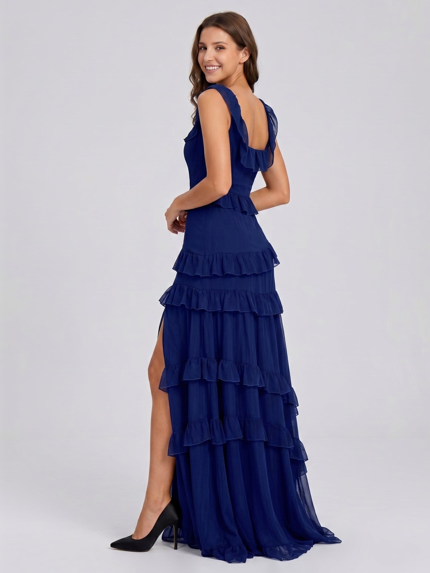 Dark Navy Tulle A-Line Square Neck Side Zip Floor-Length Cascading Ruffle Dress