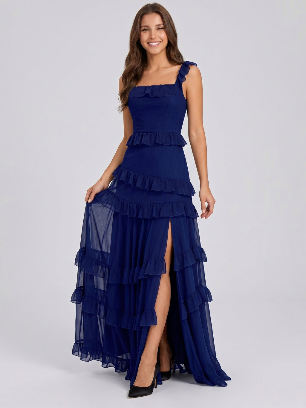 Dark Navy Tulle A-Line Square Neck Side Zip Floor-Length Cascading Ruffle Dress