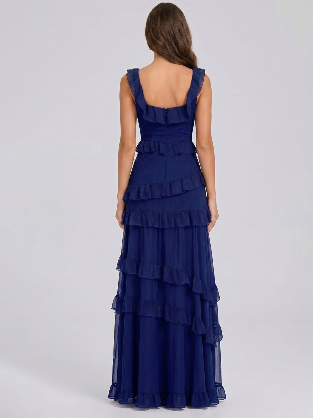 Dark Navy Tulle A-Line Square Neck Side Zip Floor-Length Cascading Ruffle Dress