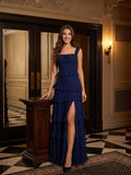 Dark Navy Tulle A-Line Square Neck Side Zip Floor-Length Cascading Ruffle Dress