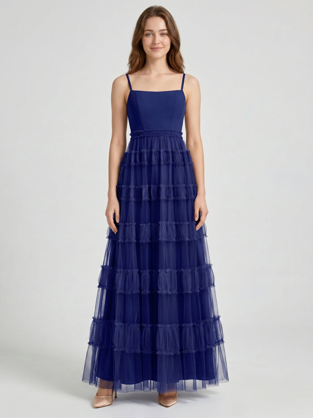 Dark Navy Tulle A-Line Straight Neck Back Zip Floor-Length Pleated Bridesmaid Dress