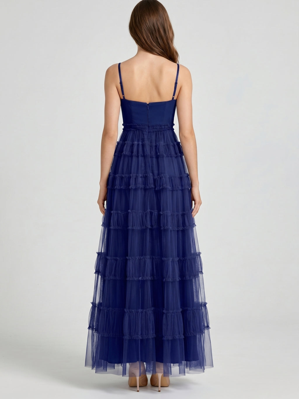 Dark Navy Tulle A-Line Straight Neck Back Zip Floor-Length Pleated Bridesmaid Dress