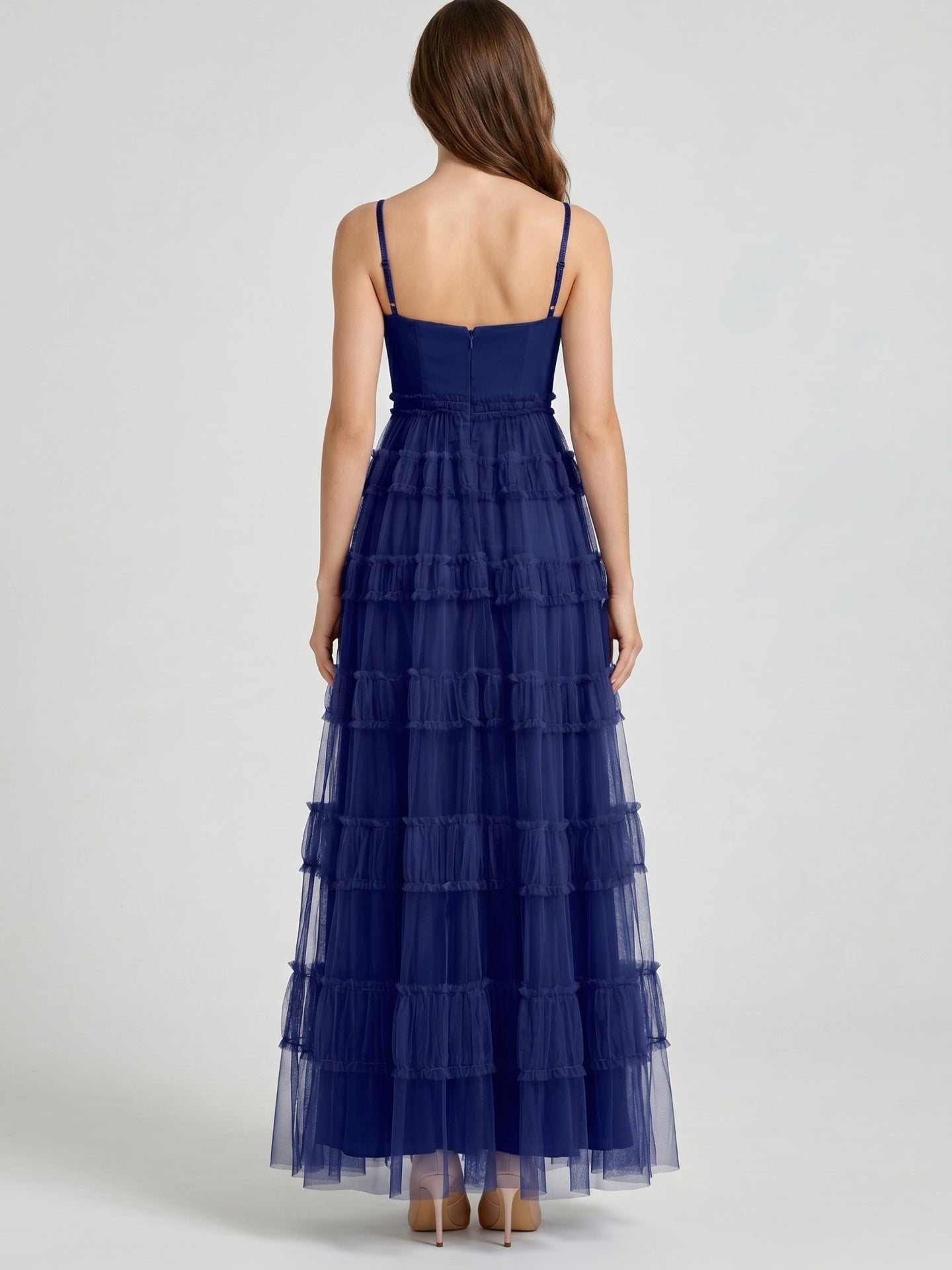 Dark Navy Tulle A-Line Straight Neck Back Zip Floor-Length Pleated Bridesmaid Dress