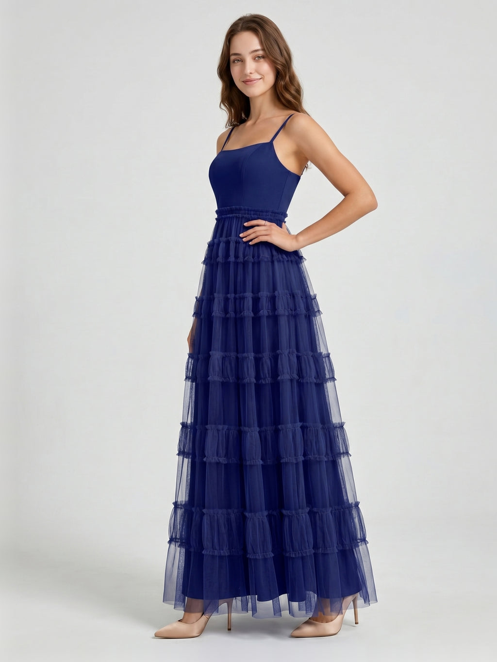Dark Navy Tulle A-Line Straight Neck Back Zip Floor-Length Pleated Bridesmaid Dress