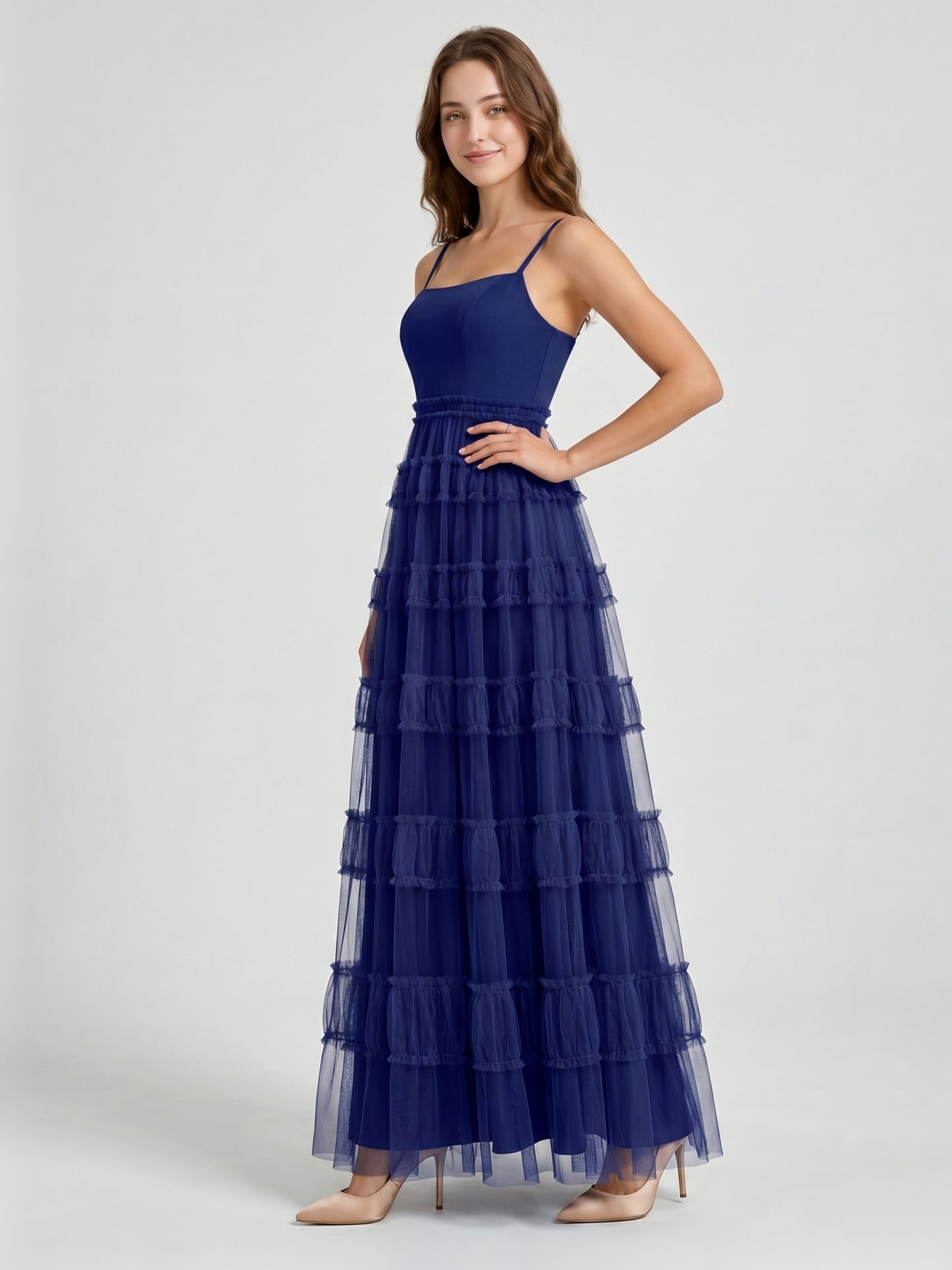 Dark Navy Tulle A-Line Straight Neck Back Zip Floor-Length Pleated Bridesmaid Dress