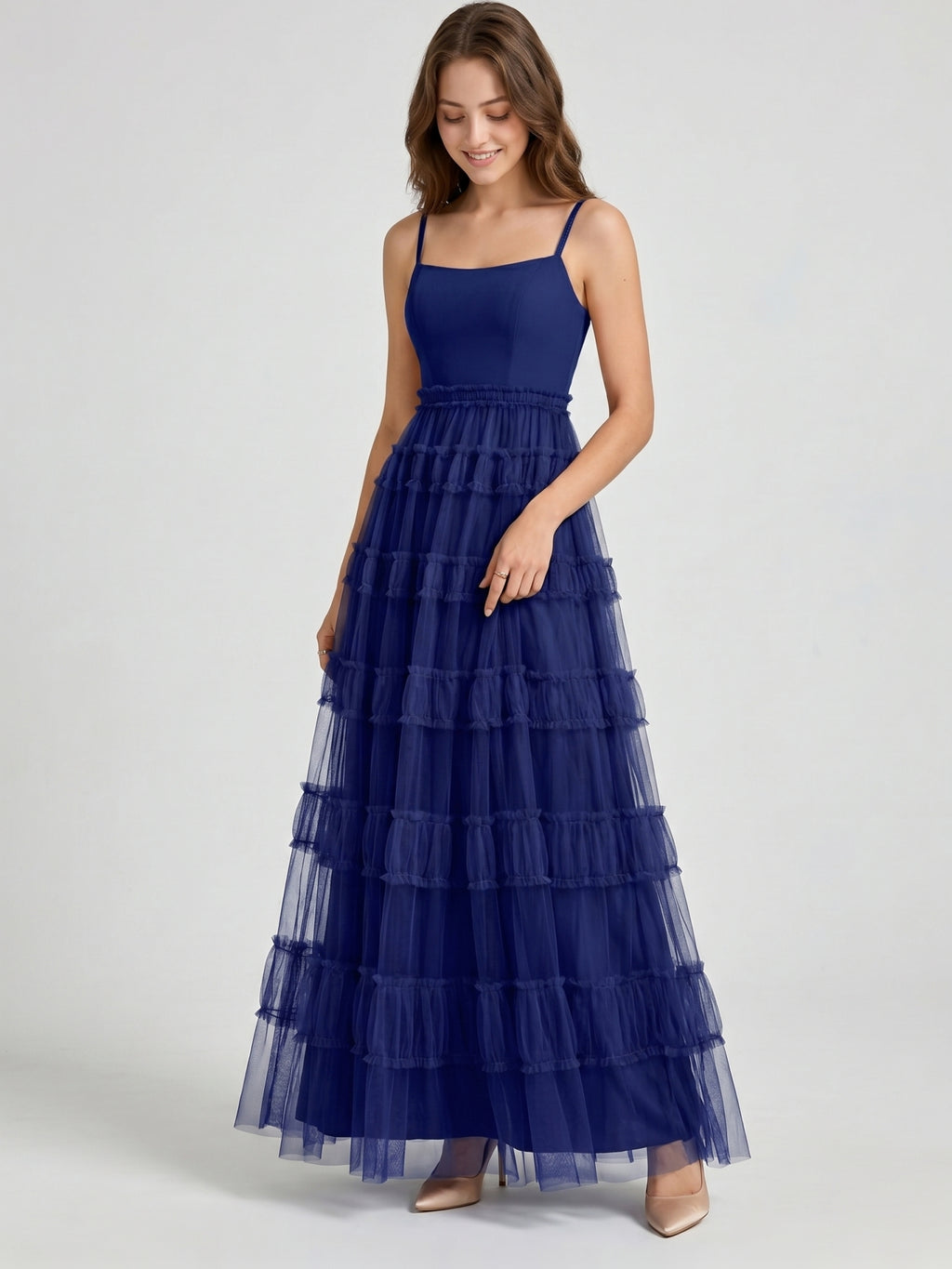 Dark Navy Tulle A-Line Straight Neck Back Zip Floor-Length Pleated Bridesmaid Dress