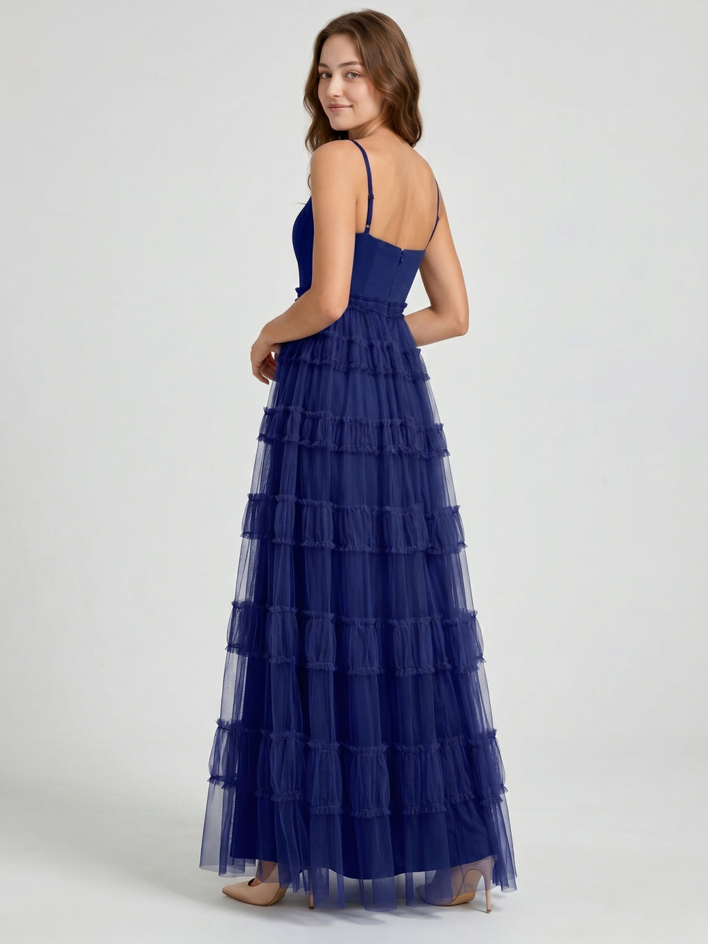 Dark Navy Tulle A-Line Straight Neck Back Zip Floor-Length Pleated Bridesmaid Dress