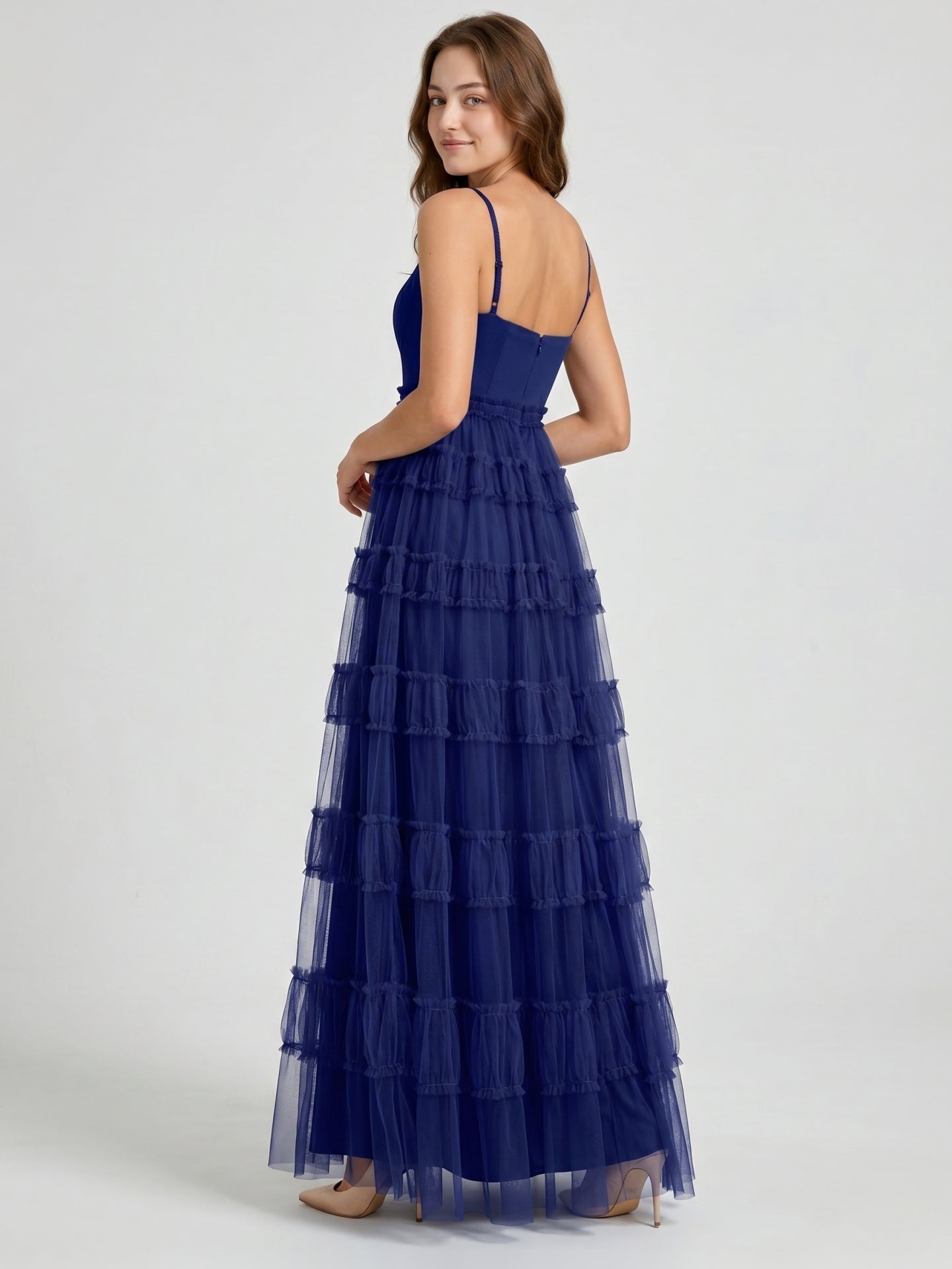 Dark Navy Tulle A-Line Straight Neck Back Zip Floor-Length Pleated Bridesmaid Dress