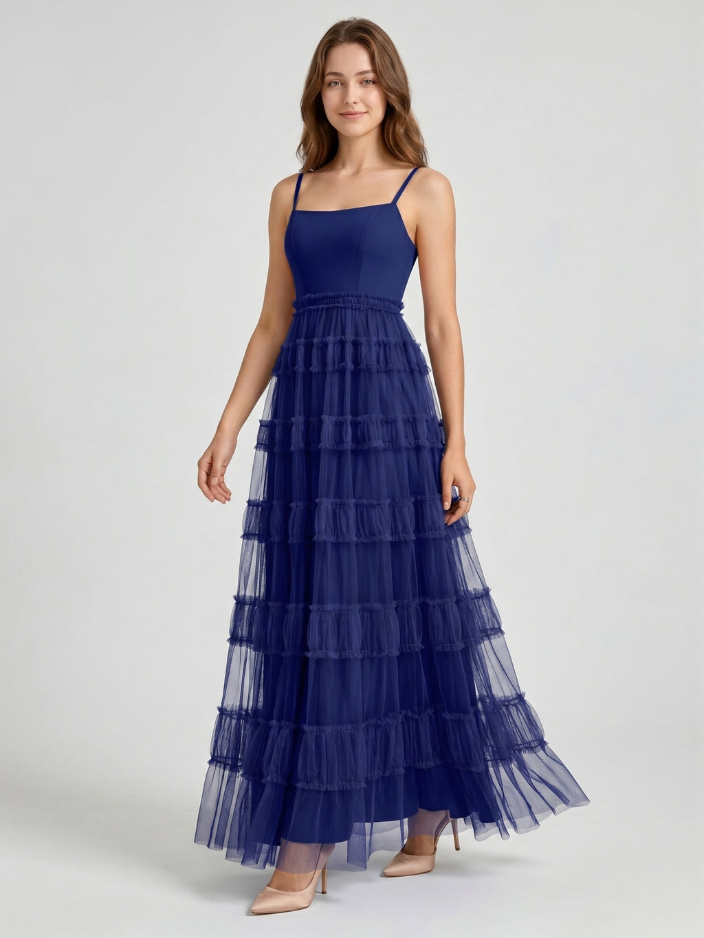 Dark Navy Tulle A-Line Straight Neck Back Zip Floor-Length Pleated Bridesmaid Dress