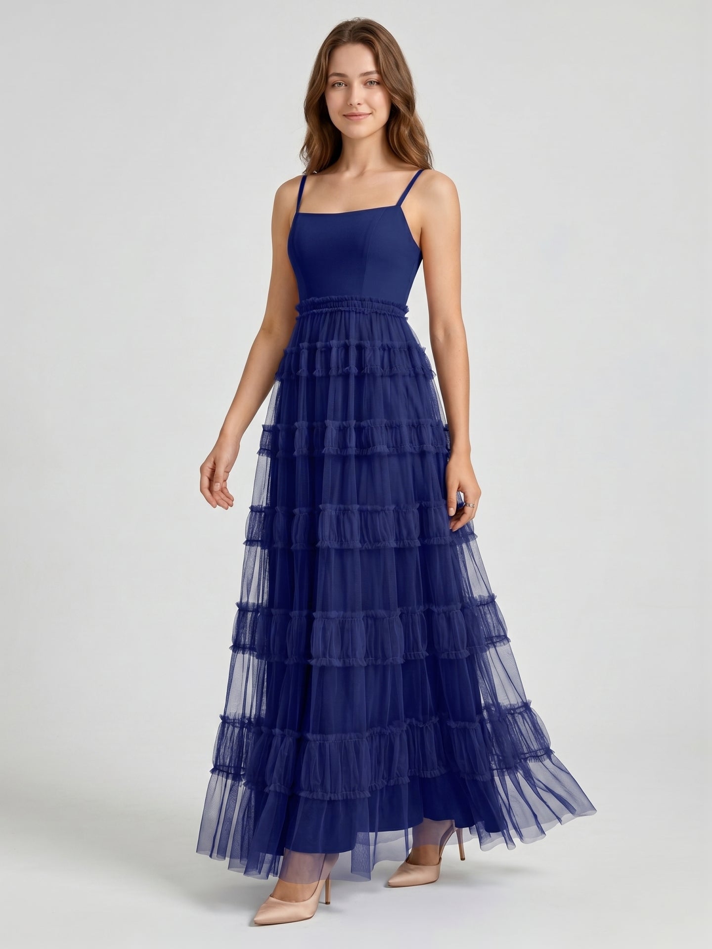 Dark Navy Tulle A-Line Straight Neck Back Zip Floor-Length Pleated Bridesmaid Dress