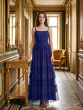 Dark Navy Tulle A-Line Straight Neck Back Zip Floor-Length Pleated Bridesmaid Dress