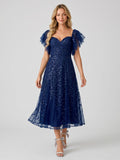 Dark Navy Tulle A-Line Sweetheart Back Zip Tea-Length Dress with Sequins