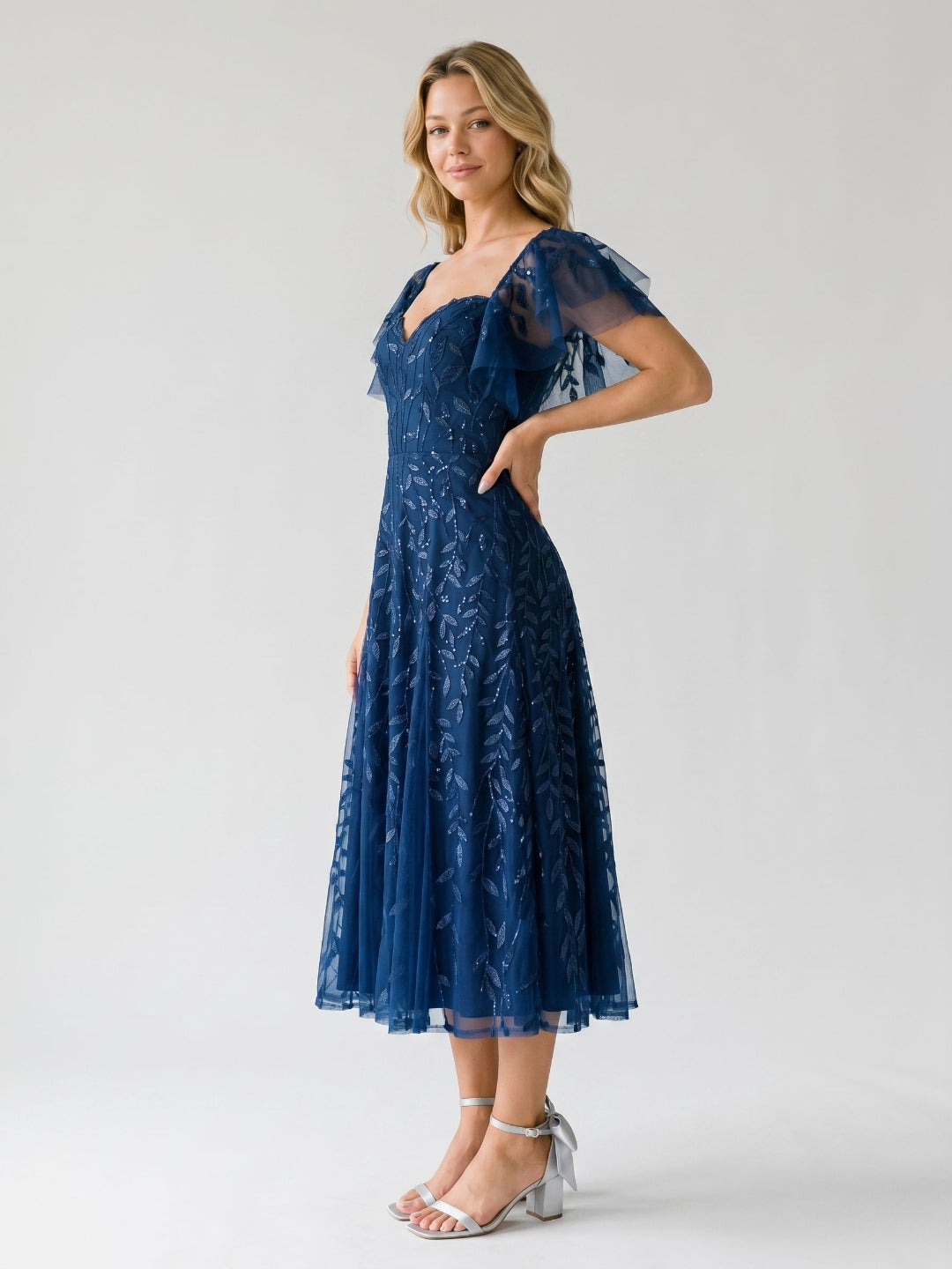 Dark Navy Tulle A-Line Sweetheart Back Zip Tea-Length Dress with Sequins