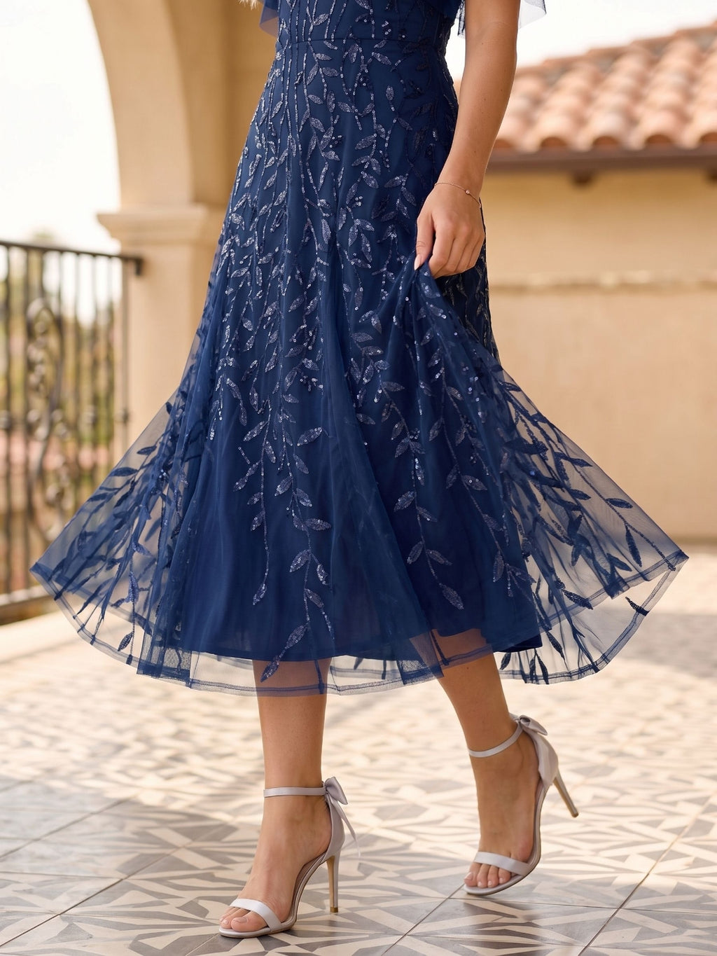 Dark Navy Tulle A-Line Sweetheart Back Zip Tea-Length Dress with Sequins
