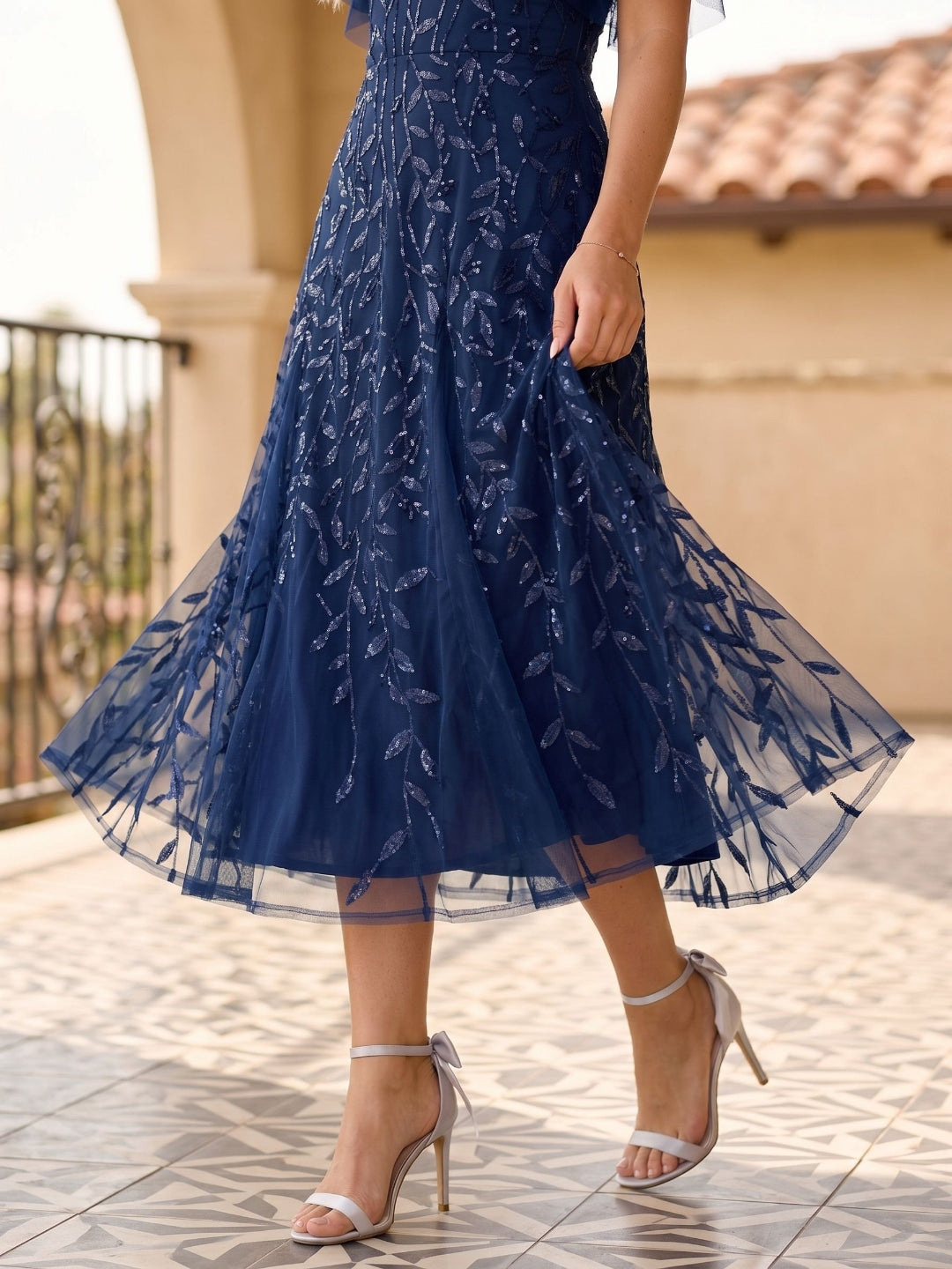 Dark Navy Tulle A-Line Sweetheart Back Zip Tea-Length Dress with Sequins