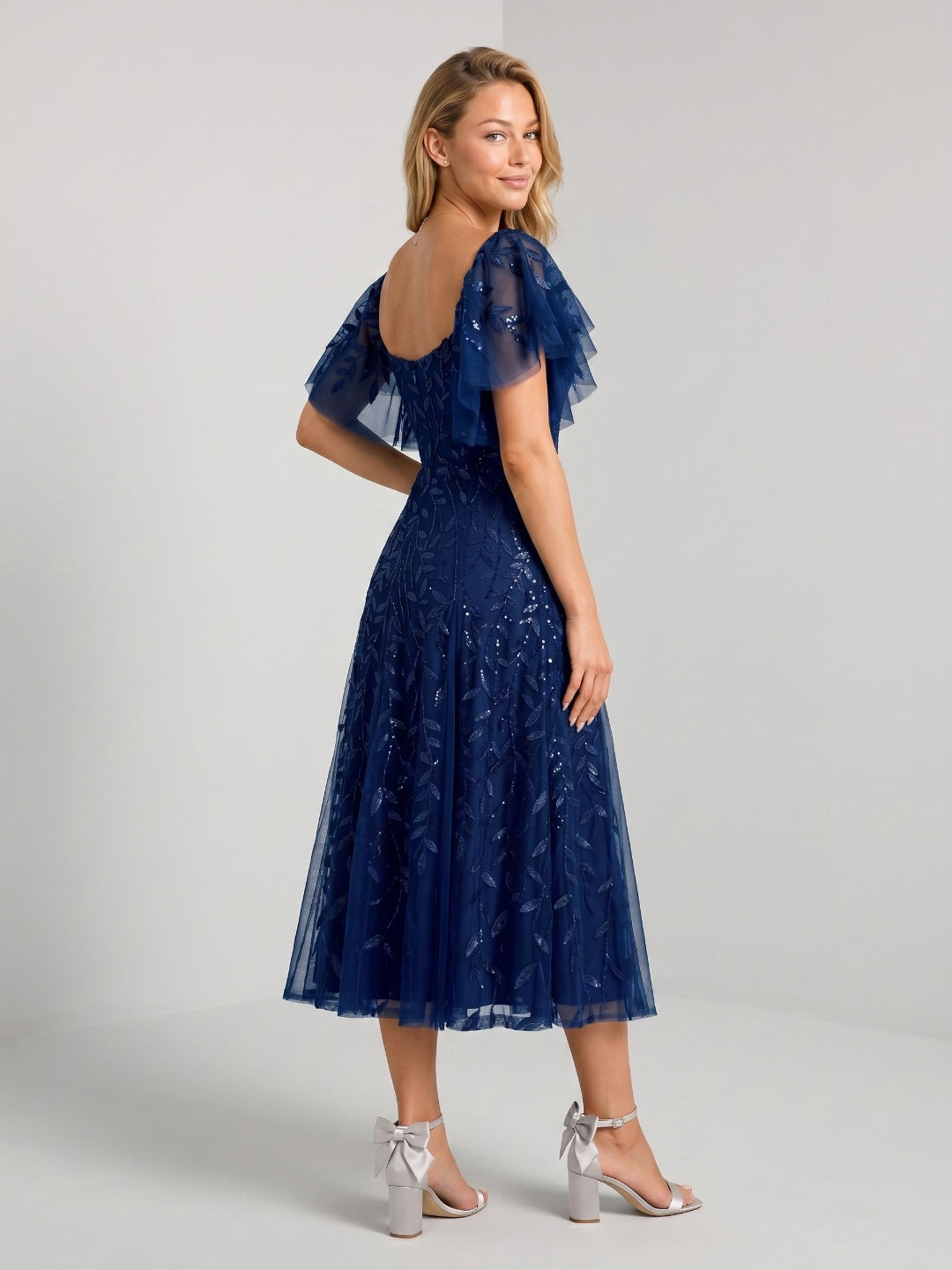Dark Navy Tulle A-Line Sweetheart Back Zip Tea-Length Dress with Sequins