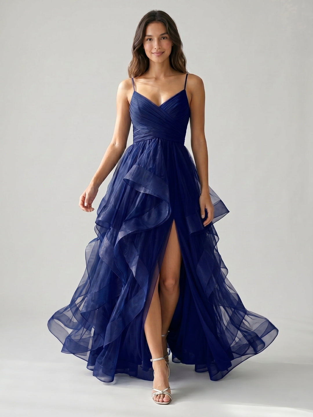 Dark Navy Tulle A-Line V-Neck Back Zip Floor-Length Birthday Dress
