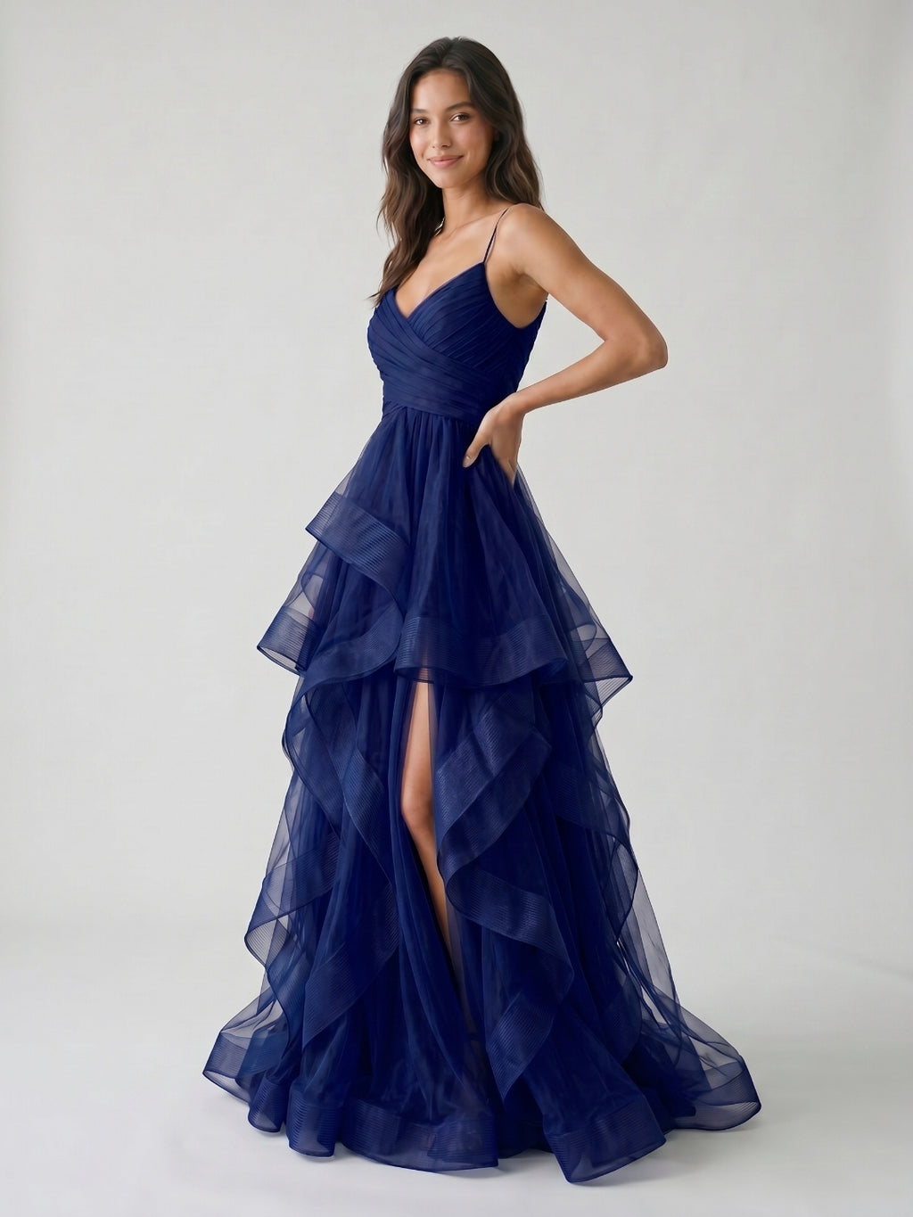 Dark Navy Tulle A-Line V-Neck Back Zip Floor-Length Birthday Dress