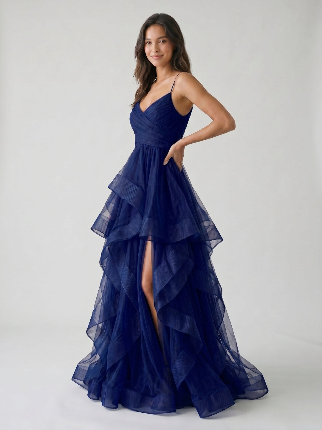 Dark Navy Tulle A-Line V-Neck Back Zip Floor-Length Birthday Dress